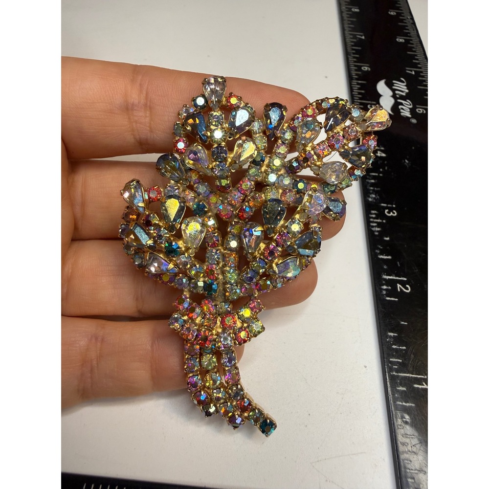 Vintage Aurora Borealis Rhinestone Brooch Gold Tone Large Iridescent Statement